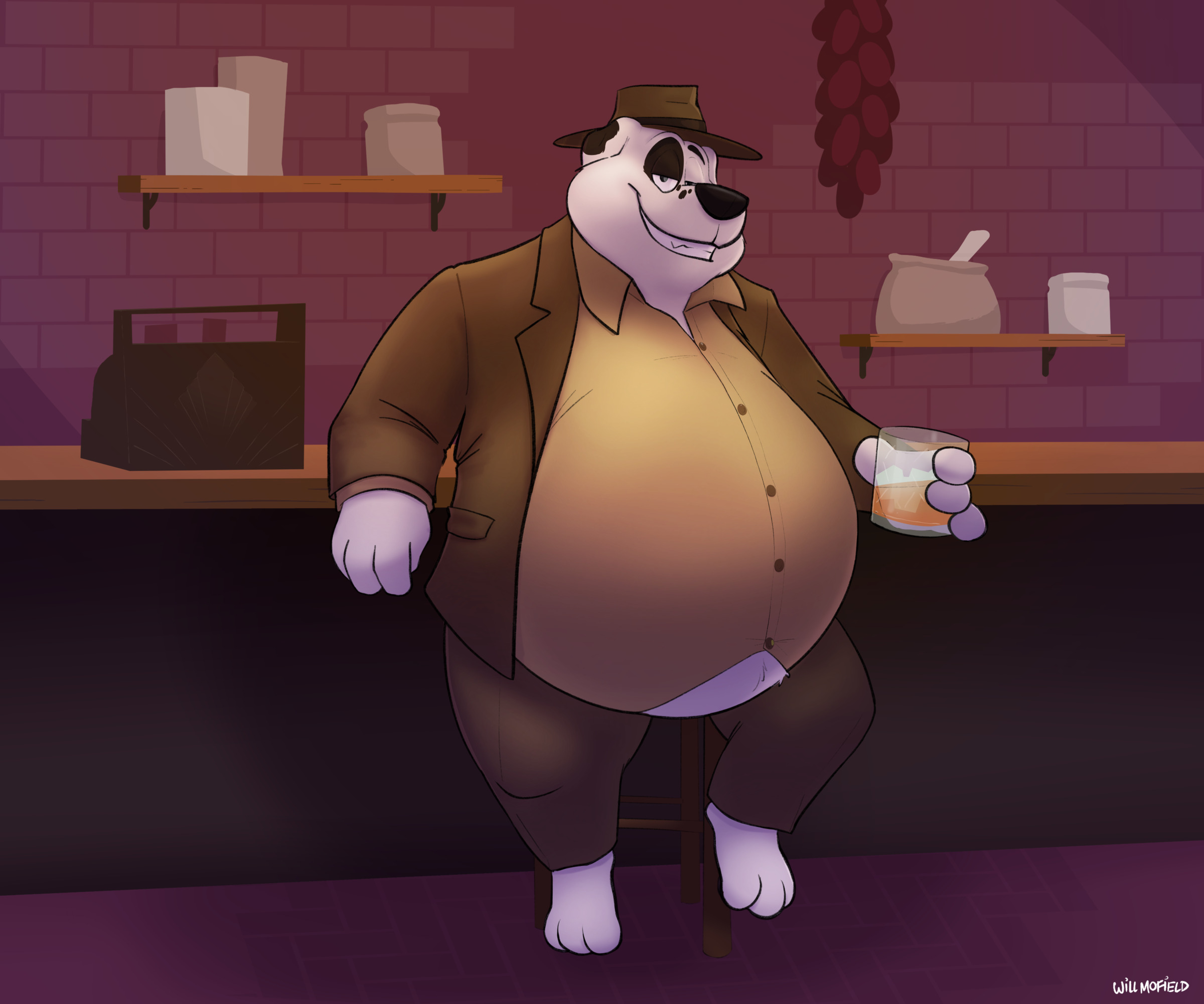 A fat cartoon dog in a suit leaning on a shop counter, holding a glass of bourbon on the rocks.