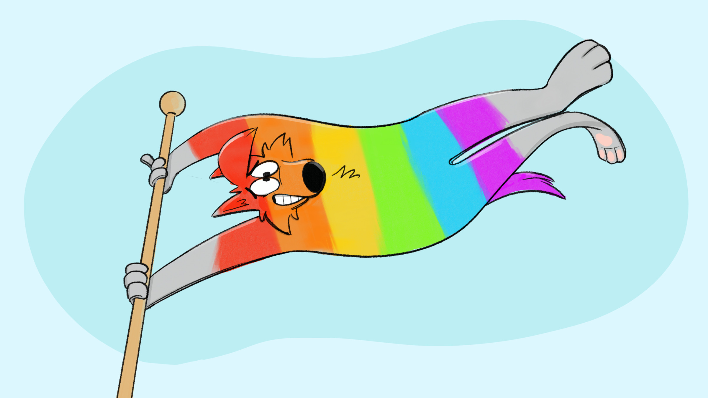 A flat wolf painted in the colours of the LGBT pride flag, holding on to a flagpole