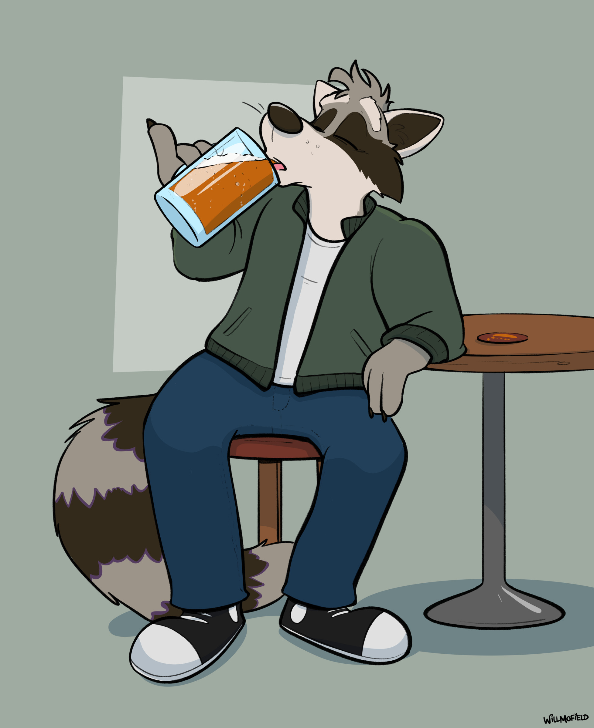 A cartoon raccoon sitting at a table, drinking a mug of ale. His pinky is sticking out because he is fancy.