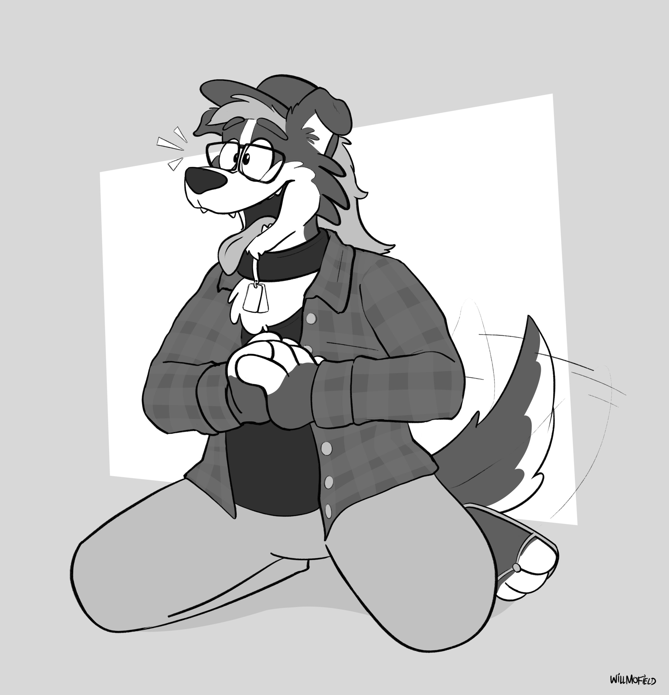 A long-haired anthropomorphic border collie wearing glasses, a baseball hat and cool outfit. The collie is wagging and smiling, tongue hanging out.