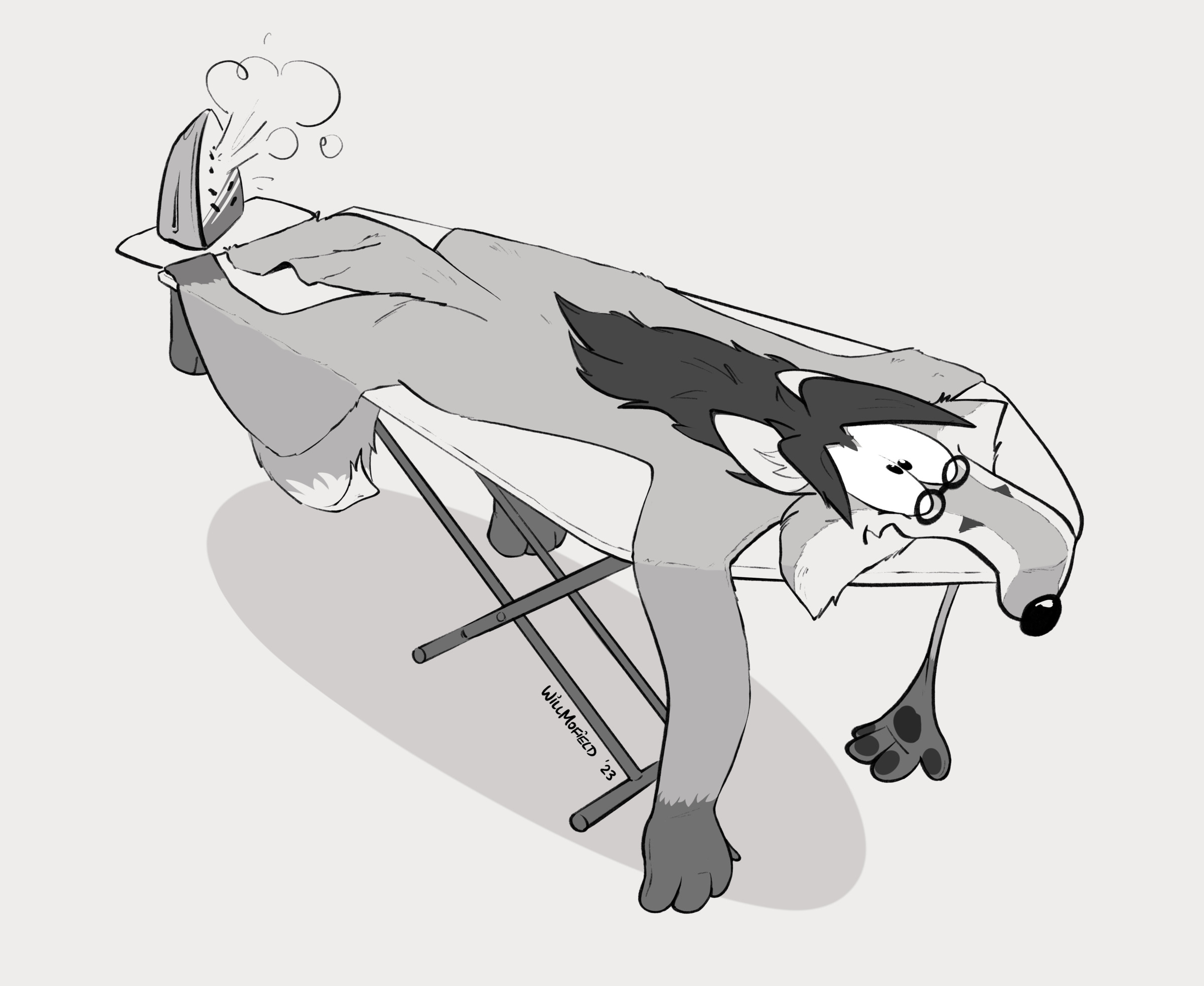 A sketch of a flat cartoon fox draped over an ironing board.