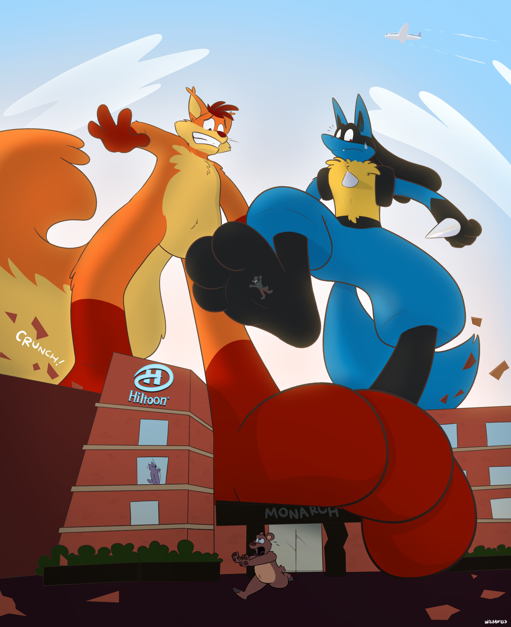 A giant squirrel and Lucario bursting out the roof of a hotel.