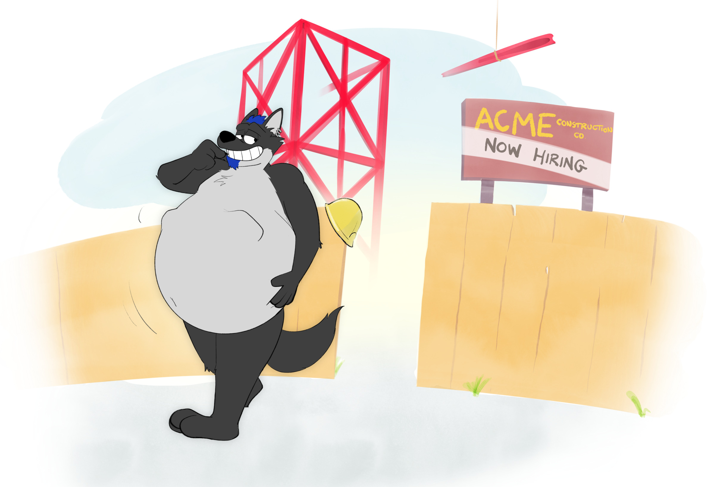 A fat-bellied wolf walking away from a construction site toward the viewer, using his claws to pick at his teeth. There is a sign beside the entrance which reads “ACME Construction Co, Now Hiring”.