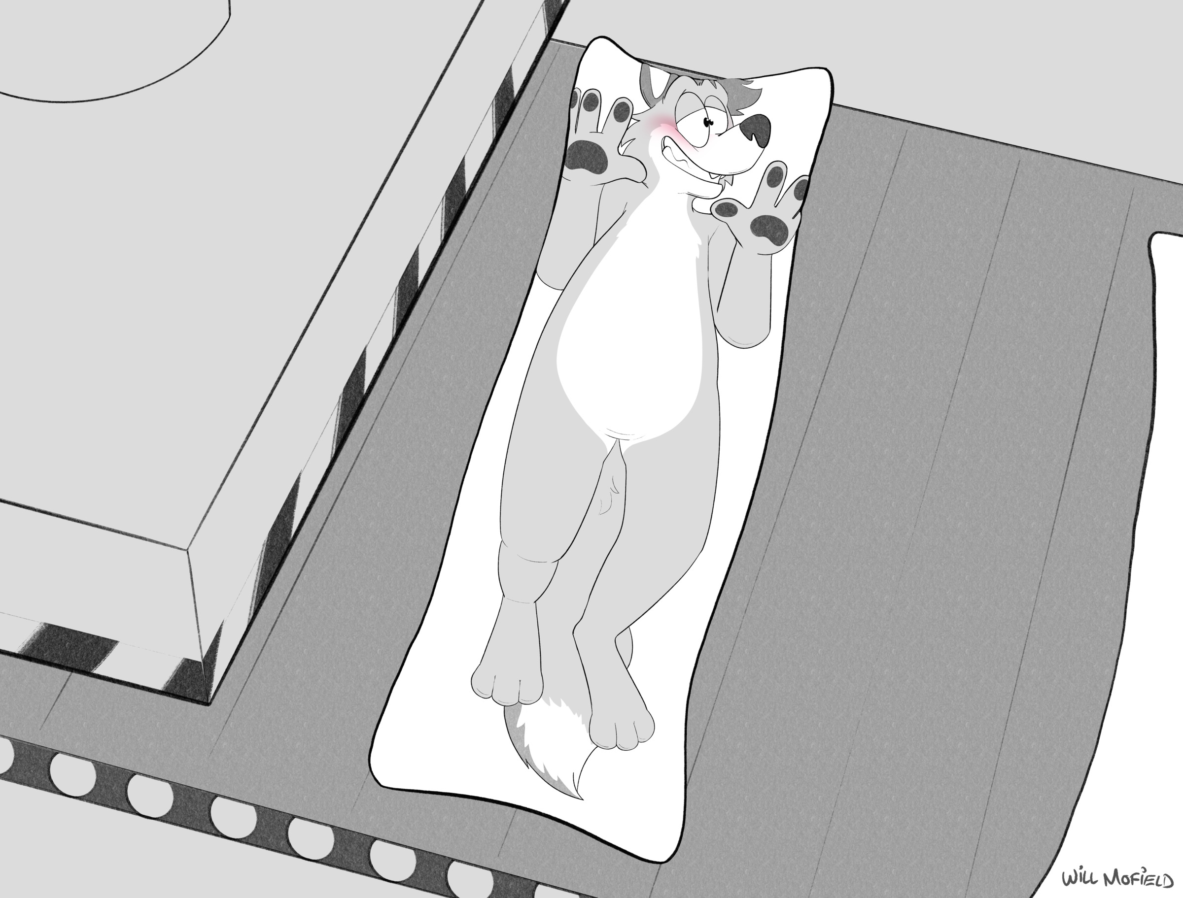 A drawing of a cartoon wolf stuck to the front of a body pillow, laying on a factory conveyor belt.