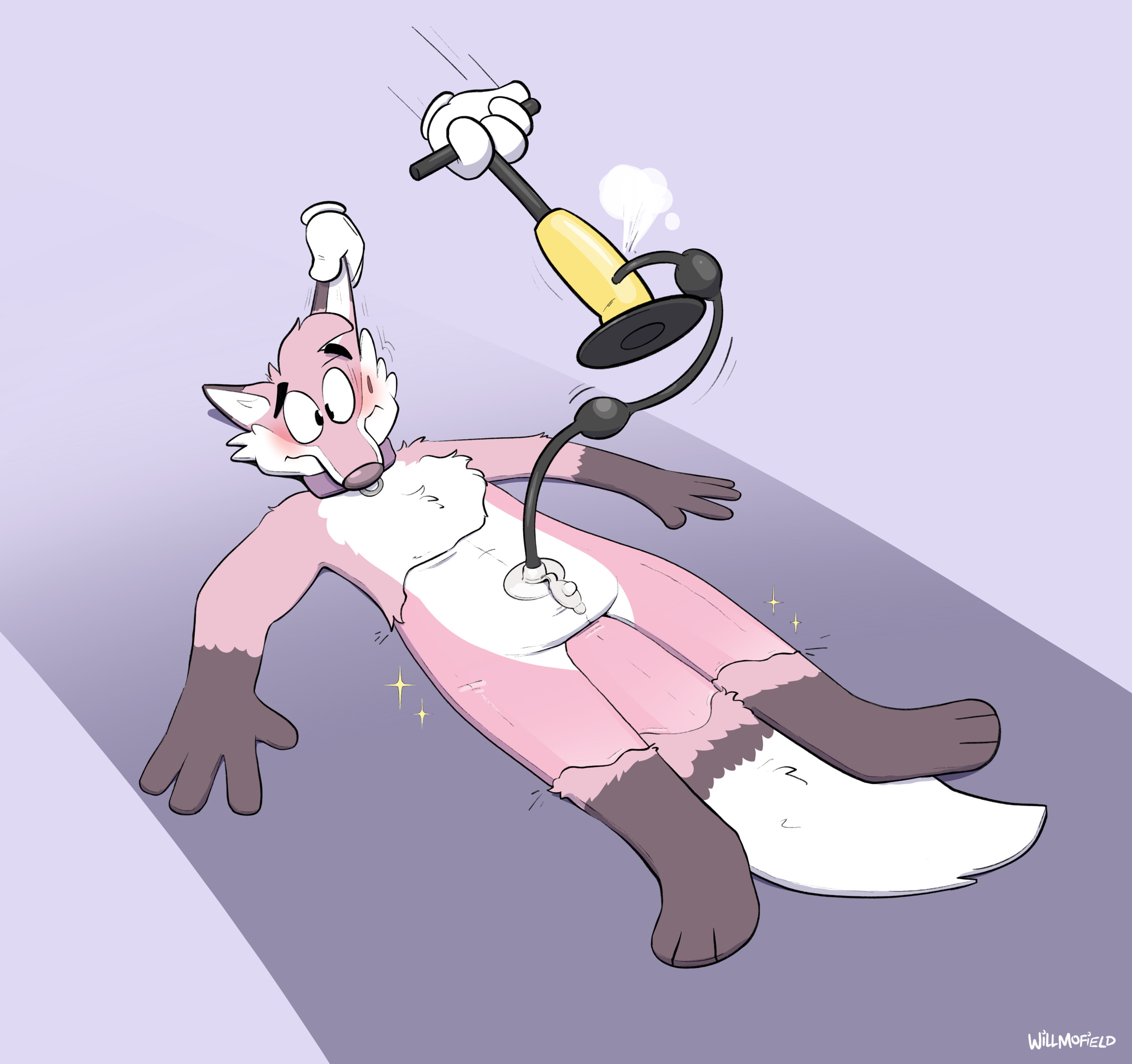 A drawing of a cartoon fox being inflated with a bike pump.