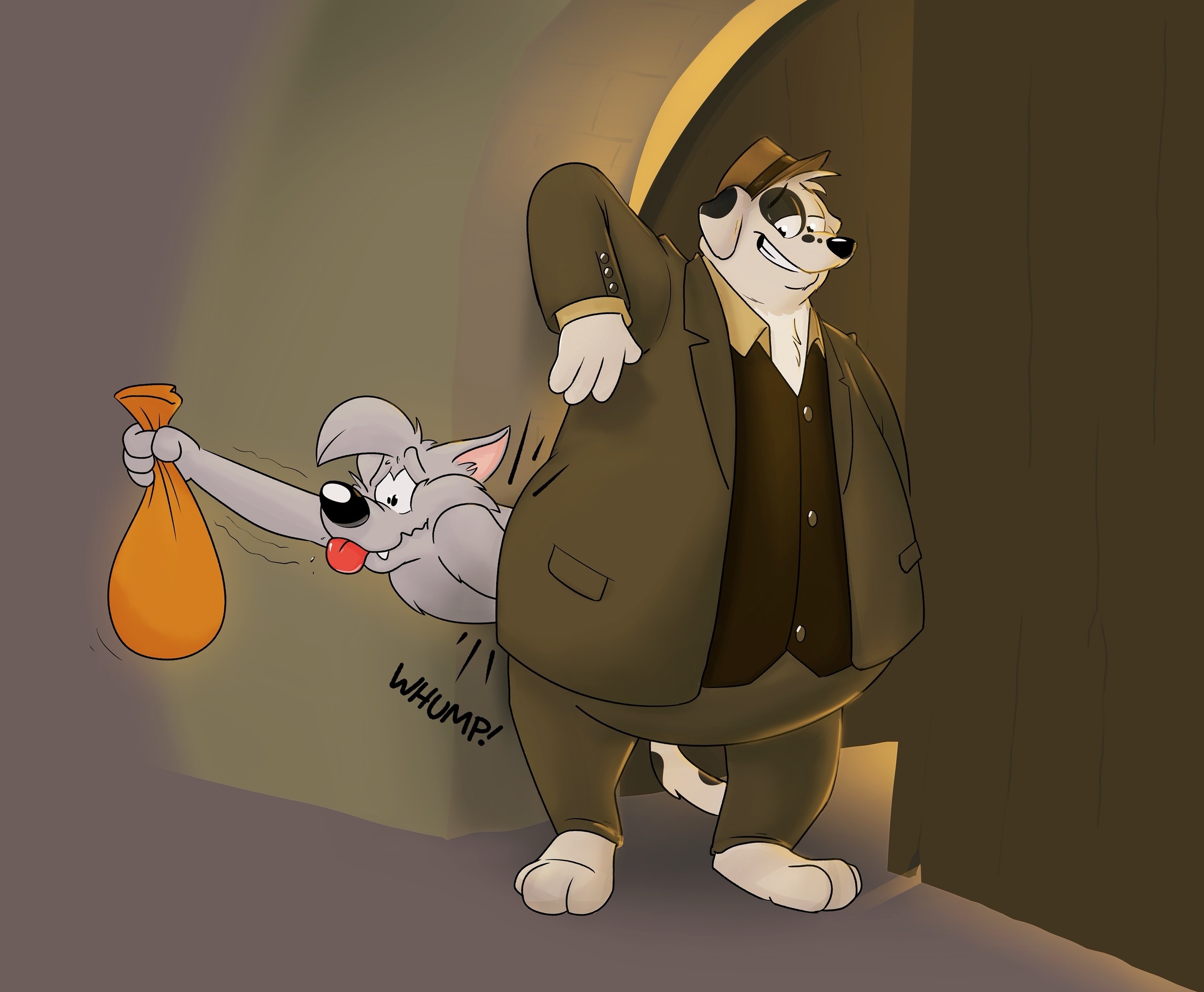 A fat dog in a dapper suit and hat squashing a cartoon wolf against a wall. The wolf is holding a bag of swag.