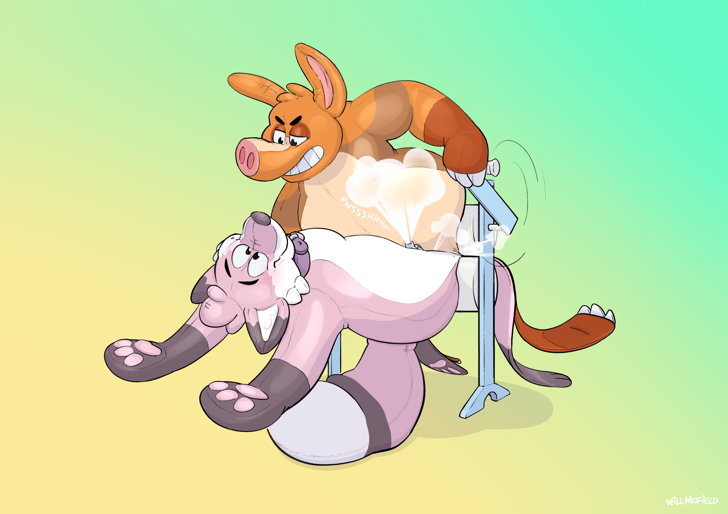 A drawing of two pooltoy animals going through a clothes wringer.
