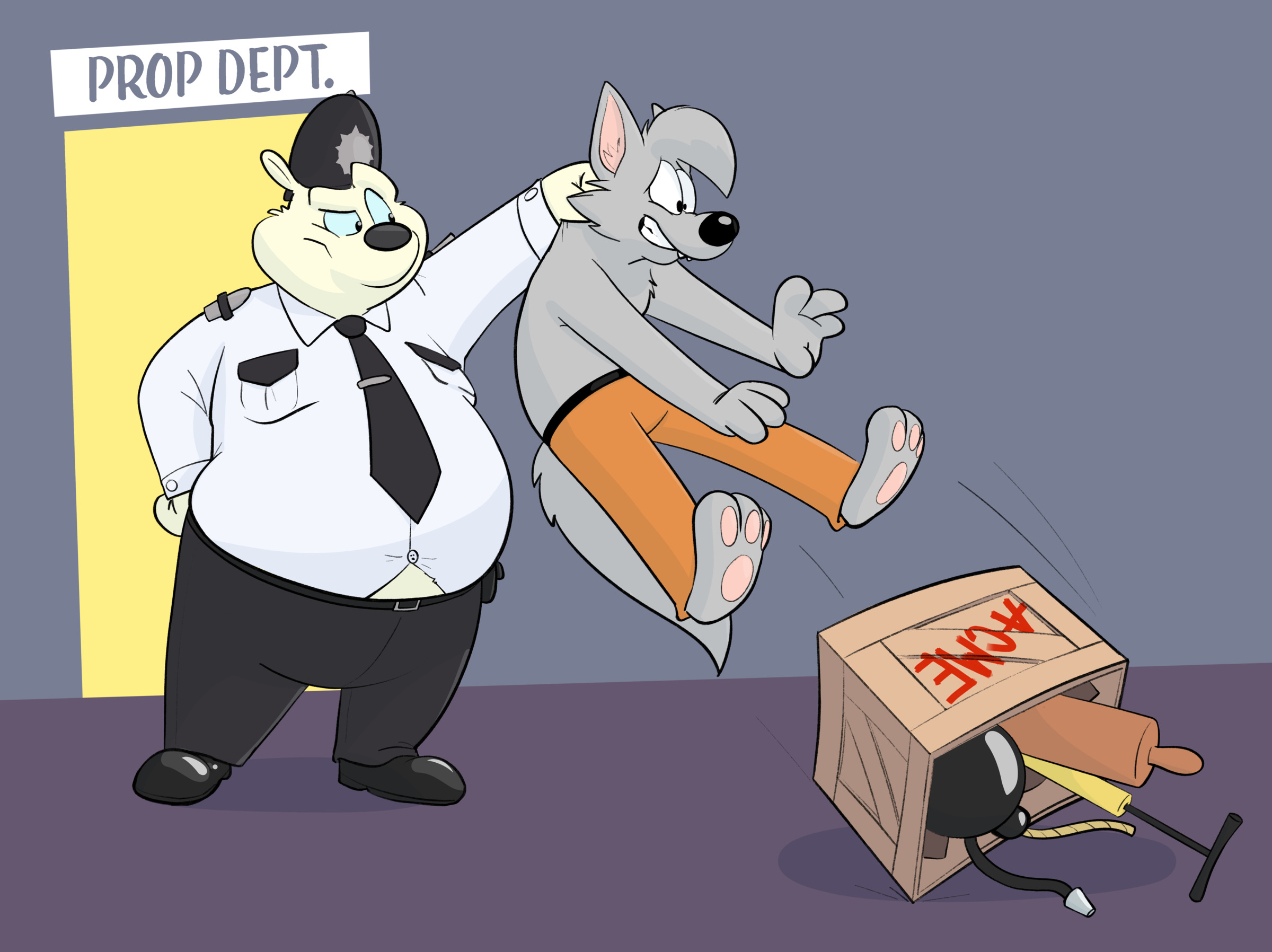 A drawing of a police officer polar bear holding up a cartoon wolf by the scruff, having dropped a large box of cartoon props.