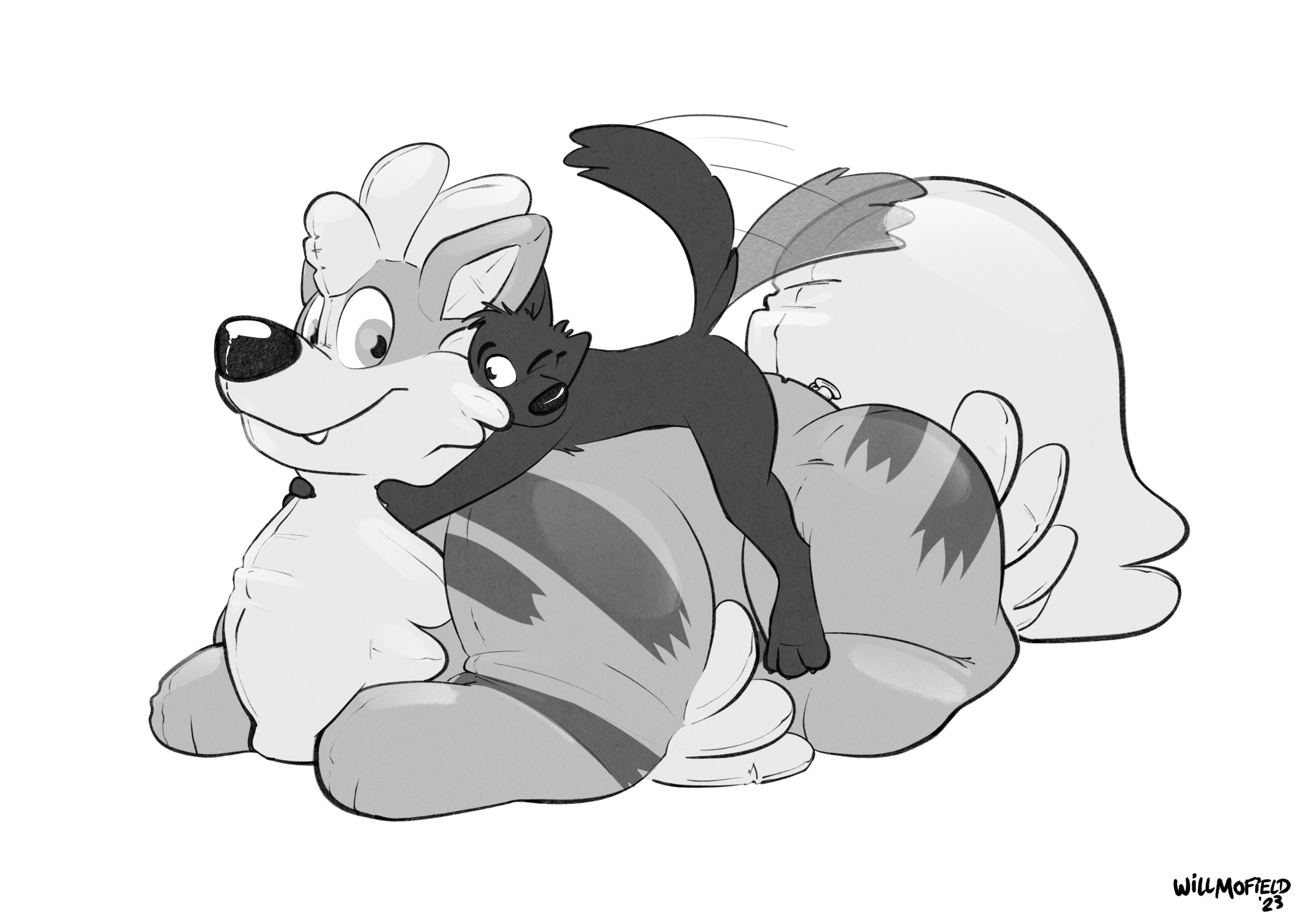 A sketch of an anthro wolf laying on top of a giant Arcanine pooltoy and hugging around its neck.