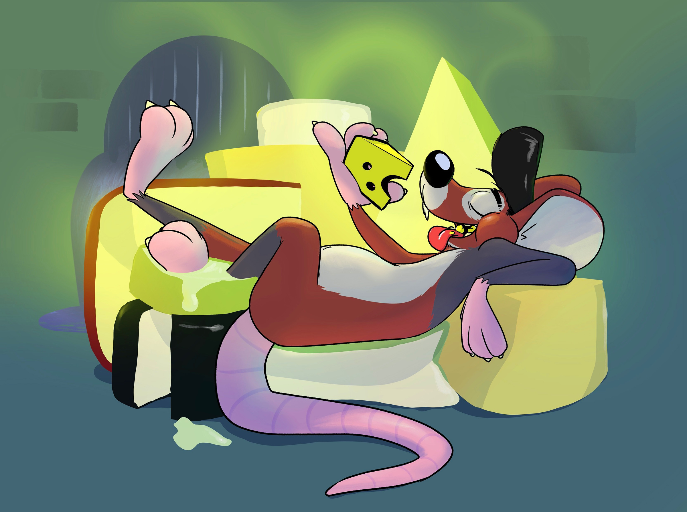 A cartoon rat sitting on a throne made of cheese, having a great time.