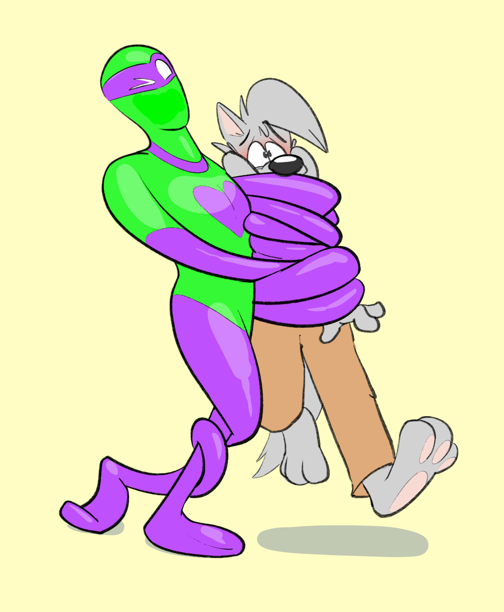 A green and purple superhero hugging a cartoon wolf by constricting their elongated arms around them many times. The wolf is being lifted off of the ground and is blushing. 