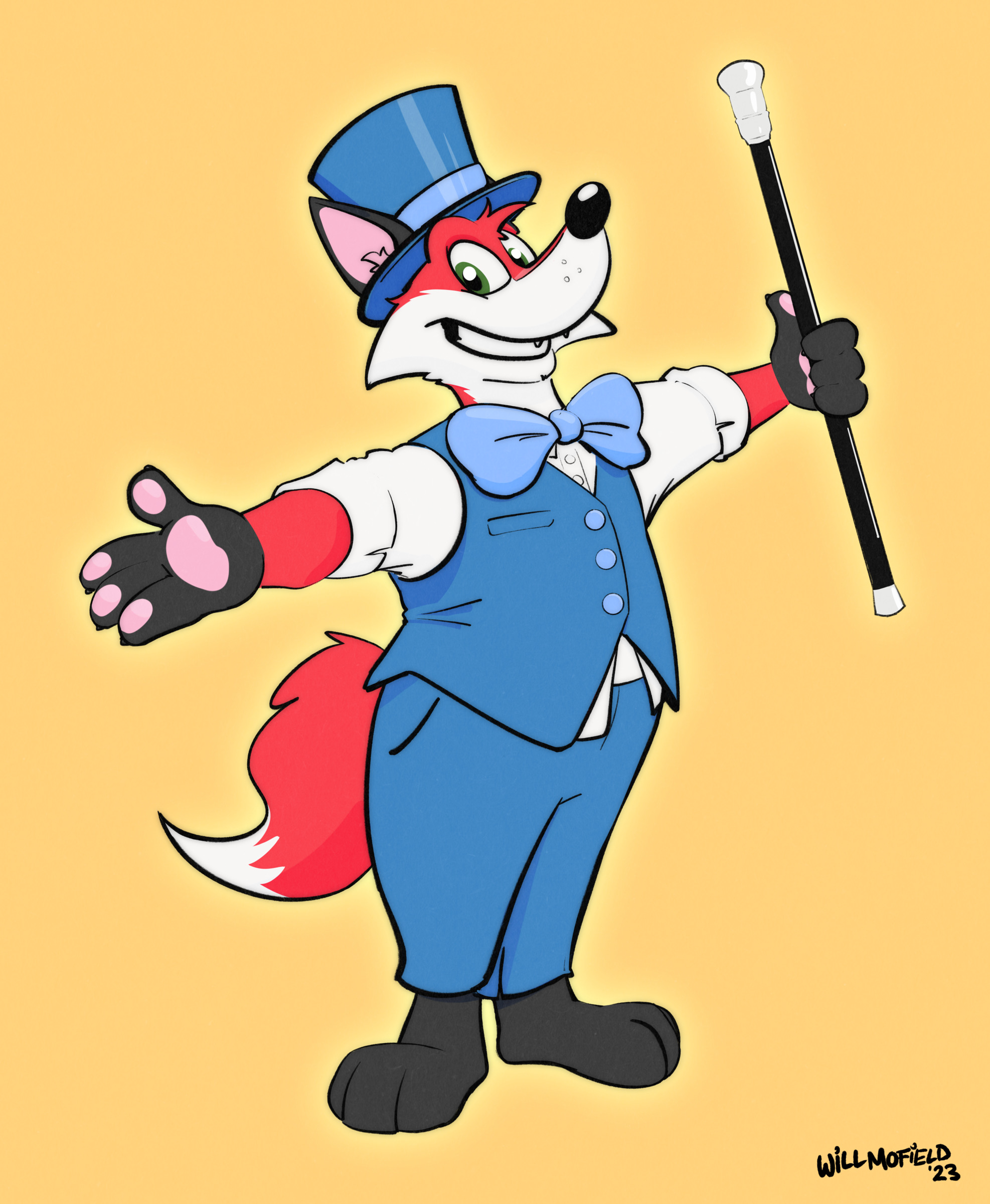 A cartoon fox in a blue suit and top hat poses with a big smile.