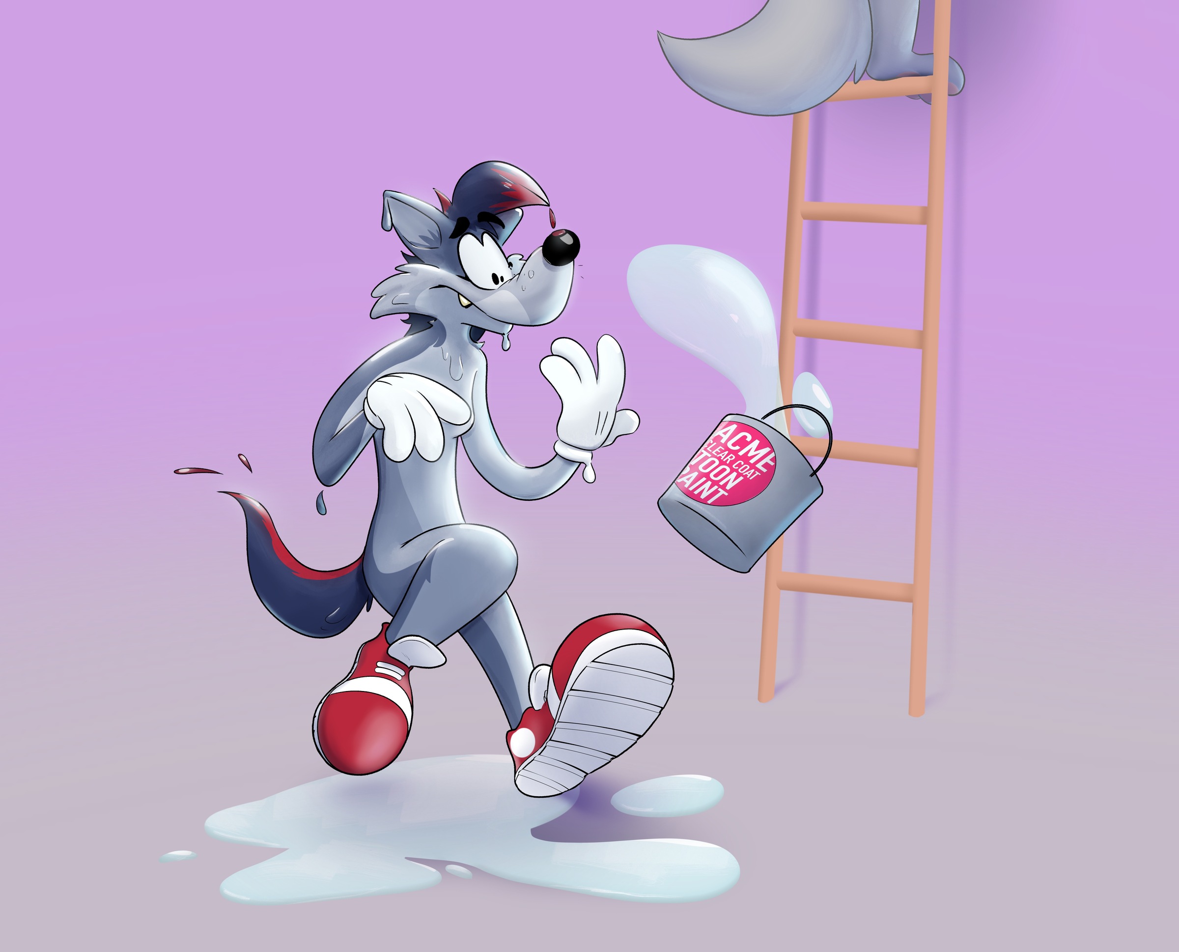 A surprised anthro wolf looking at his white-gloved hands. He has been covered in thick liquid from a falling paint can labelled “ACME Clear Coat Toon Paint”. On the right, a ladder is propped up with a second wolf’s feet and tail visible at the top edge of the frame 