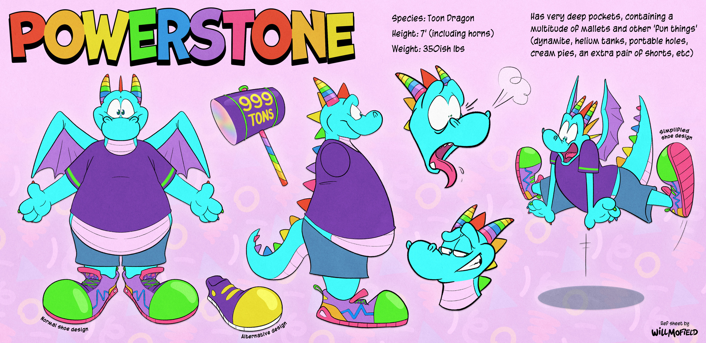 Several drawings of a cyan-coloured cartoon dragon in a t-shirt, shorts and sneakers. The text says:  POWERSTONE Species: Toon Dragon Height: 7' (including horns) Weight: 350ish lbs  Has very deep pockets, containing a multitude of mallets and other 'fun things' (dynamite, helium tanks, portable holes, cream pies, an extra pair of shorts, etc)